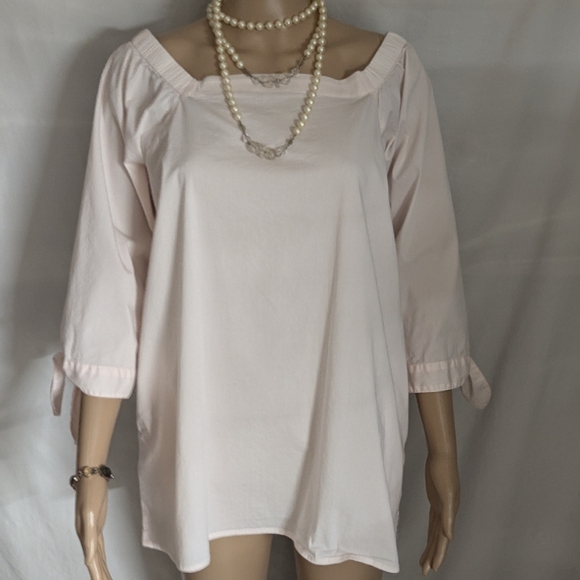INAE pale pink cotton tunic top with pockets on off shoulder bow tie cuffs - Picture 6 of 6